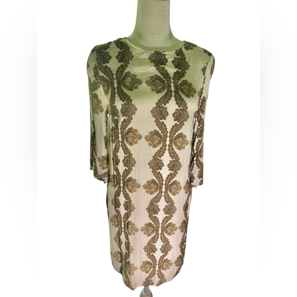 Boho Paisley Shift Dress | White & Gold Printed Elbow Sleeve Tunic Dress